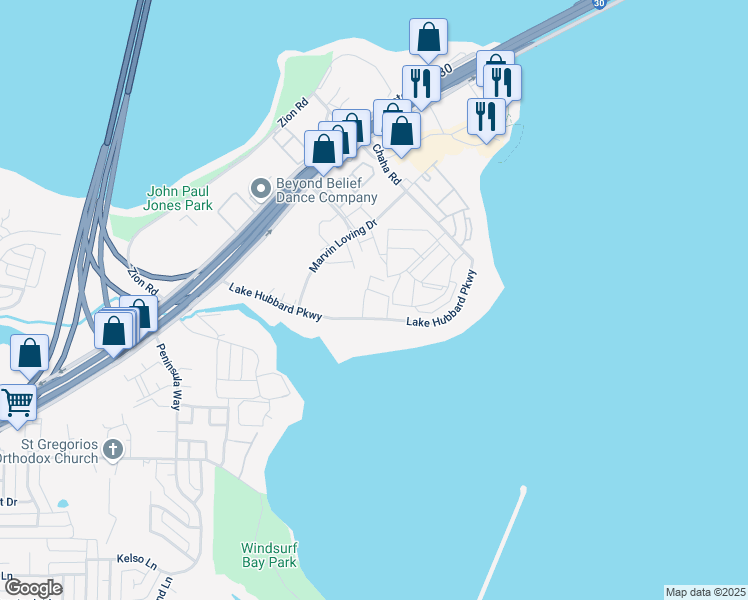 map of restaurants, bars, coffee shops, grocery stores, and more near 5901 Lake Hubbard Parkway in Garland