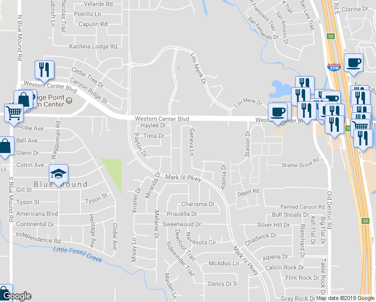 map of restaurants, bars, coffee shops, grocery stores, and more near 6412 Geneva Lane in Fort Worth