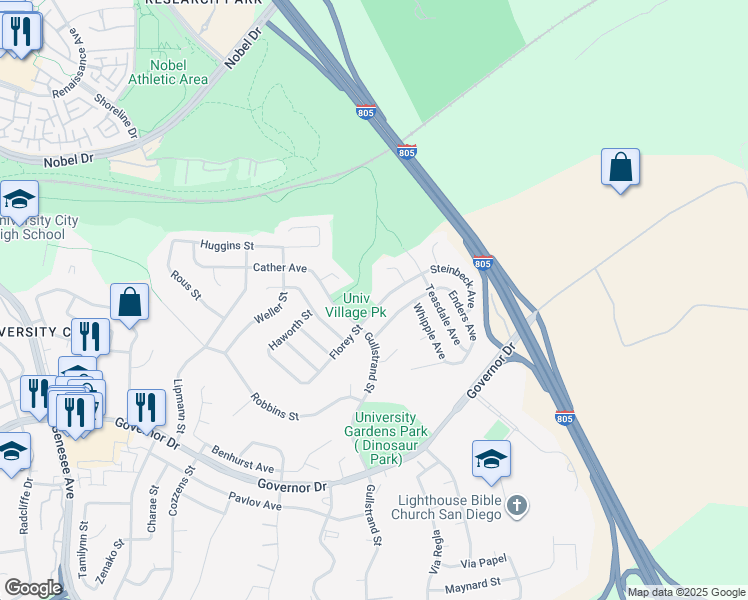 map of restaurants, bars, coffee shops, grocery stores, and more near 7212 Florey Street in San Diego