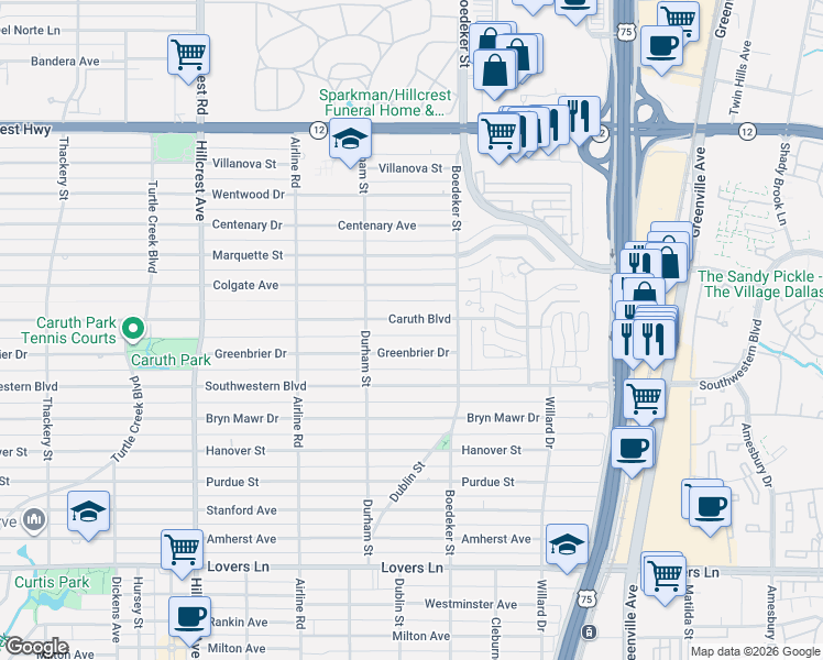 map of restaurants, bars, coffee shops, grocery stores, and more near 7502 Caruth Boulevard in Dallas