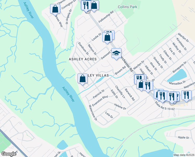 map of restaurants, bars, coffee shops, grocery stores, and more near 4387 Purdue Drive in North Charleston