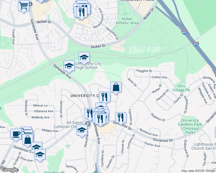 map of restaurants, bars, coffee shops, grocery stores, and more near 6667 Edmonton Avenue in San Diego