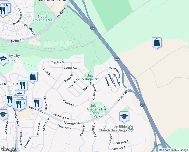 map of restaurants, bars, coffee shops, grocery stores, and more near 7212 Florey Street in San Diego