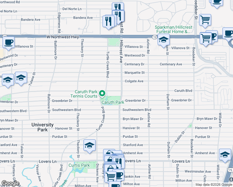 map of restaurants, bars, coffee shops, grocery stores, and more near 3409 Caruth Boulevard in Dallas