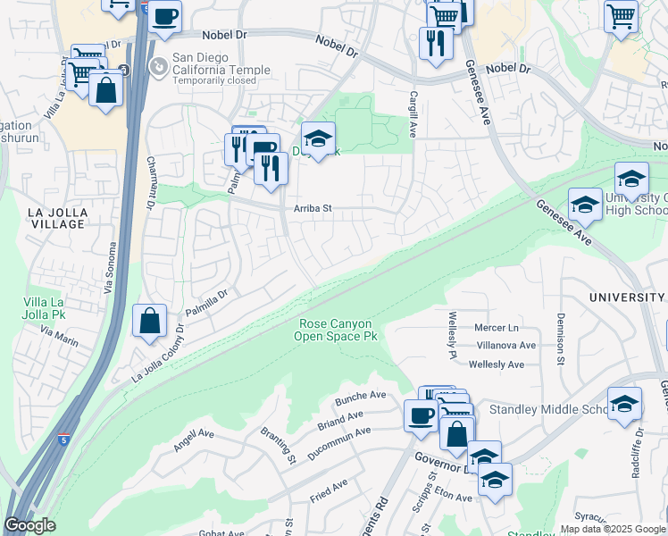 map of restaurants, bars, coffee shops, grocery stores, and more near 3941 Camino Lindo in San Diego
