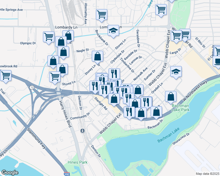 map of restaurants, bars, coffee shops, grocery stores, and more near 2833 Community Drive in Dallas
