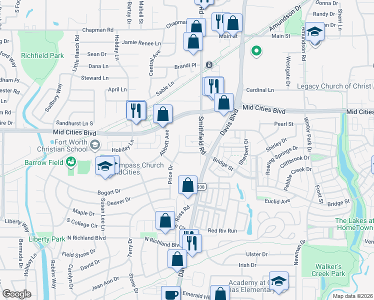 map of restaurants, bars, coffee shops, grocery stores, and more near 7809 Owen Drive in North Richland Hills