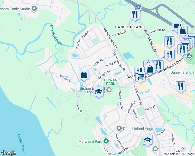 map of restaurants, bars, coffee shops, grocery stores, and more near 101 Cooke Street in Charleston
