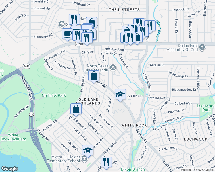 map of restaurants, bars, coffee shops, grocery stores, and more near 414 Easton Road in Dallas