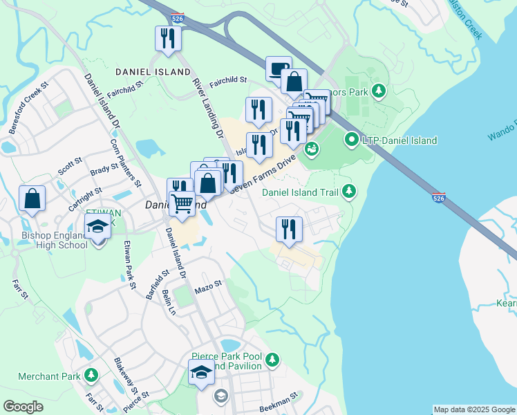 map of restaurants, bars, coffee shops, grocery stores, and more near 210 River Landing Drive in Charleston