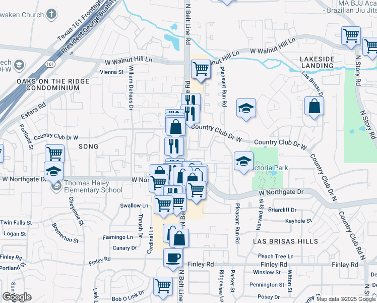 map of restaurants, bars, coffee shops, grocery stores, and more near 3800 North Belt Line Road in Irving