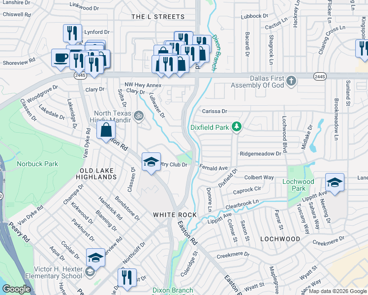 map of restaurants, bars, coffee shops, grocery stores, and more near 300 Park Brook Drive in Dallas