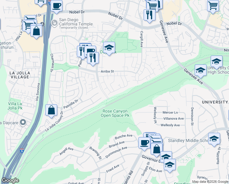 map of restaurants, bars, coffee shops, grocery stores, and more near 3947 Camino Lindo in San Diego