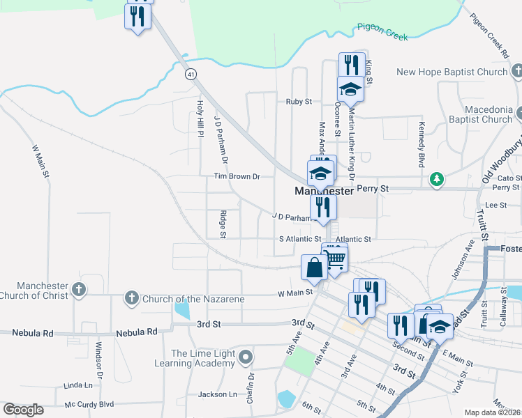 map of restaurants, bars, coffee shops, grocery stores, and more near 706 J D Parham Drive in Manchester