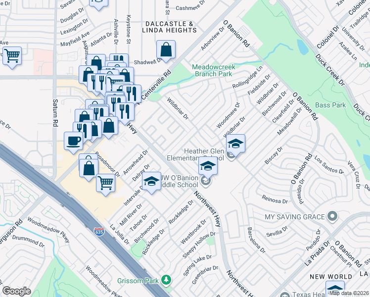 map of restaurants, bars, coffee shops, grocery stores, and more near 617 Brookview Drive in Garland