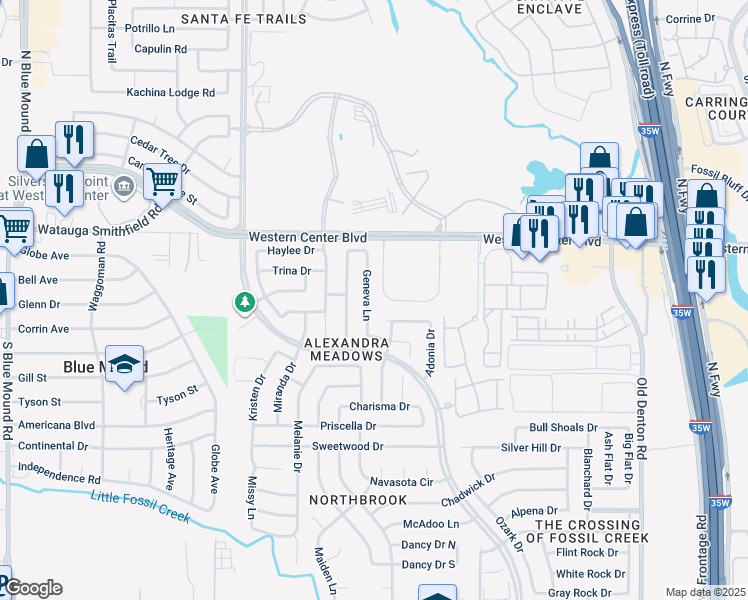 map of restaurants, bars, coffee shops, grocery stores, and more near 6408 Geneva Lane in Fort Worth