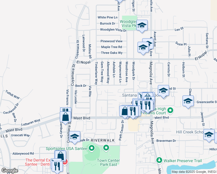 map of restaurants, bars, coffee shops, grocery stores, and more near 10051 Beck Drive in Santee