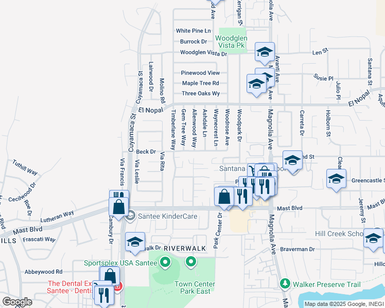 map of restaurants, bars, coffee shops, grocery stores, and more near 10045 Beck Drive in Santee
