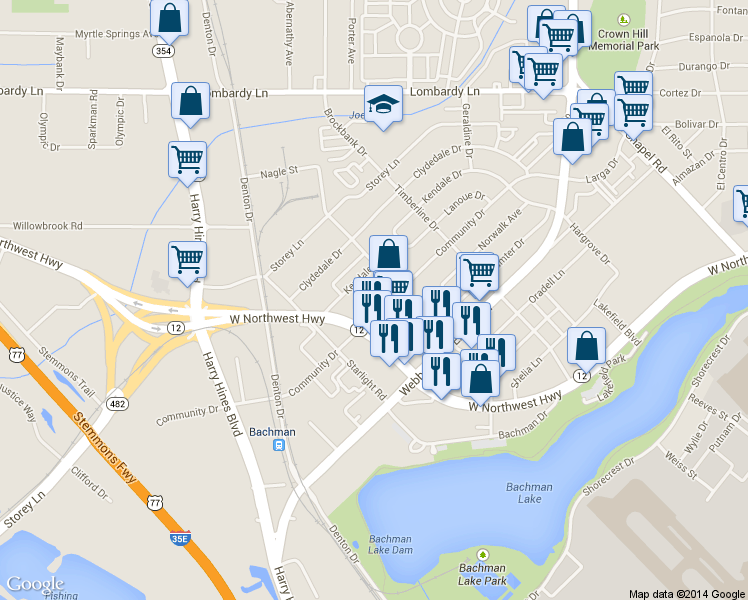 map of restaurants, bars, coffee shops, grocery stores, and more near 2833 Community Drive in Dallas