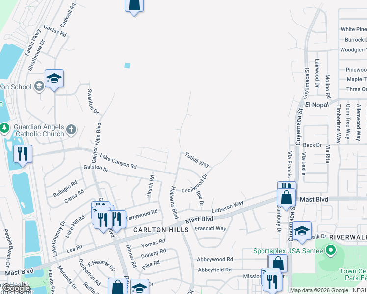 map of restaurants, bars, coffee shops, grocery stores, and more near 9909 Halberns Boulevard in Santee