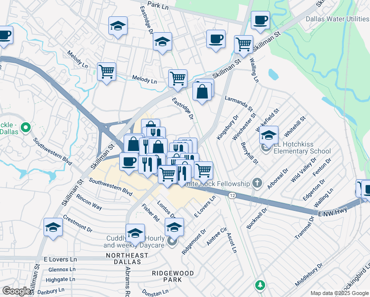 map of restaurants, bars, coffee shops, grocery stores, and more near 6003 Abrams Road in Dallas