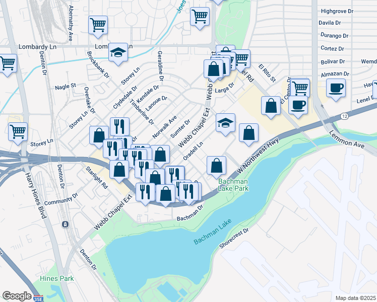 map of restaurants, bars, coffee shops, grocery stores, and more near 3121 Oradell Lane in Dallas
