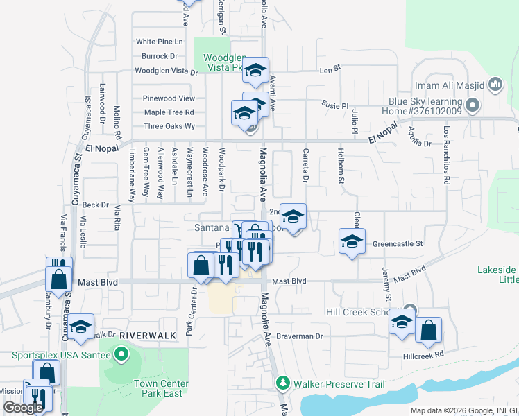 map of restaurants, bars, coffee shops, grocery stores, and more near 10019 Great Rock Road in Santee