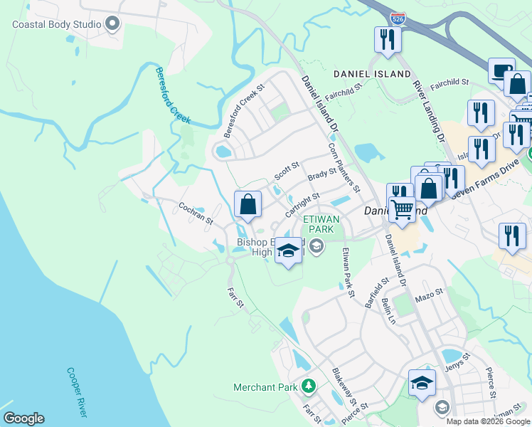 map of restaurants, bars, coffee shops, grocery stores, and more near 181 Brady Street in Charleston