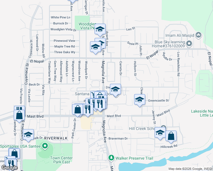 map of restaurants, bars, coffee shops, grocery stores, and more near 10424 2nd Street in Santee