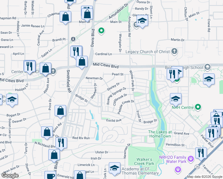 map of restaurants, bars, coffee shops, grocery stores, and more near 6250 Shirley Drive in North Richland Hills