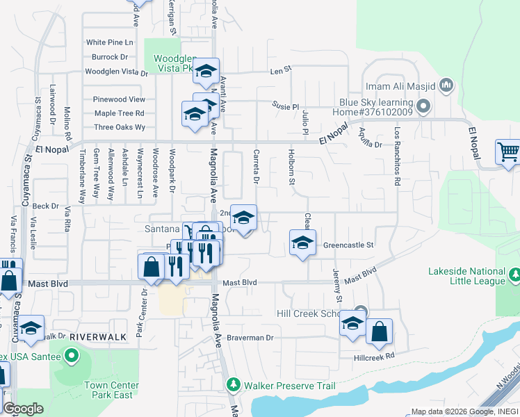 map of restaurants, bars, coffee shops, grocery stores, and more near 10602 2nd Street in Santee