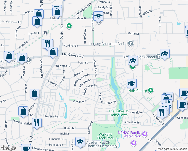 map of restaurants, bars, coffee shops, grocery stores, and more near 6209 Winter Park Drive in North Richland Hills