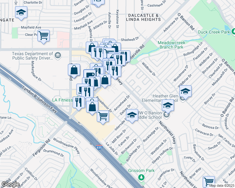 map of restaurants, bars, coffee shops, grocery stores, and more near 813 Chevy Chase Dr in Garland