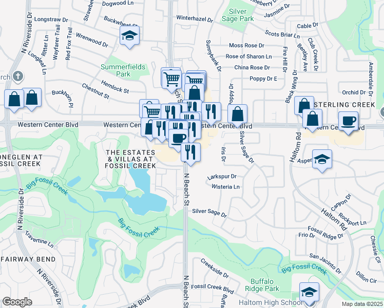 map of restaurants, bars, coffee shops, grocery stores, and more near 6320 North Beach Street in Haltom City