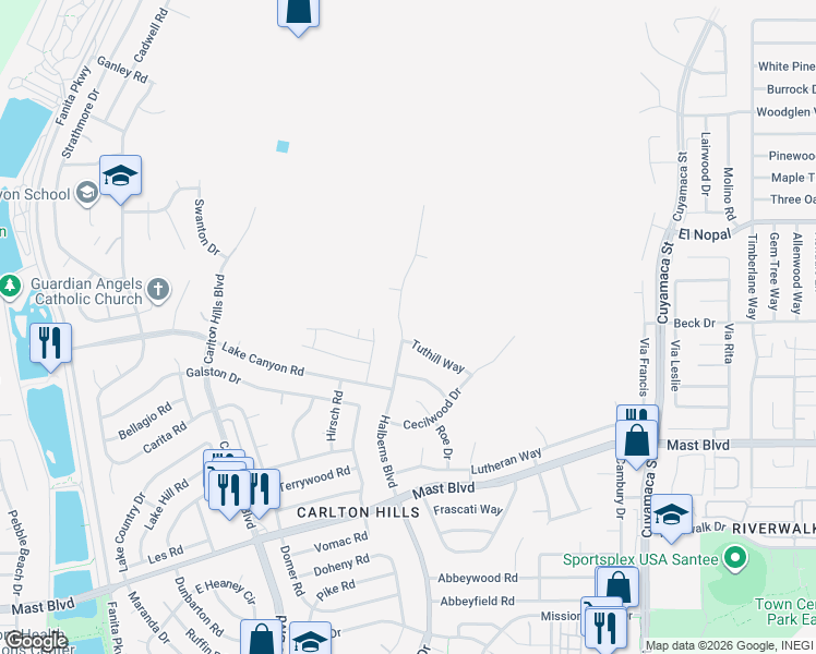 map of restaurants, bars, coffee shops, grocery stores, and more near 9909 Halberns Boulevard in Santee