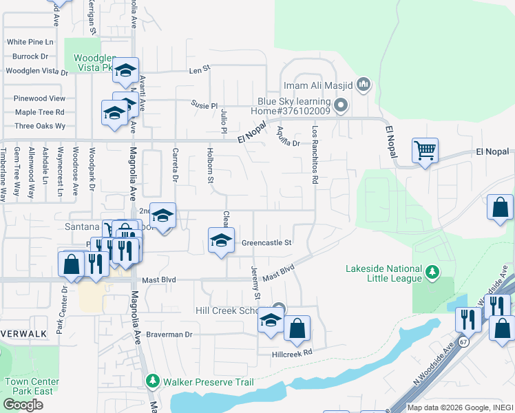 map of restaurants, bars, coffee shops, grocery stores, and more near 10812 2nd Street in Santee