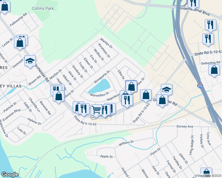 map of restaurants, bars, coffee shops, grocery stores, and more near 5108 Marseilles Drive in North Charleston