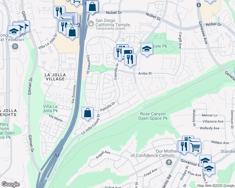 map of restaurants, bars, coffee shops, grocery stores, and more near 4143 Caminito Davila in San Diego
