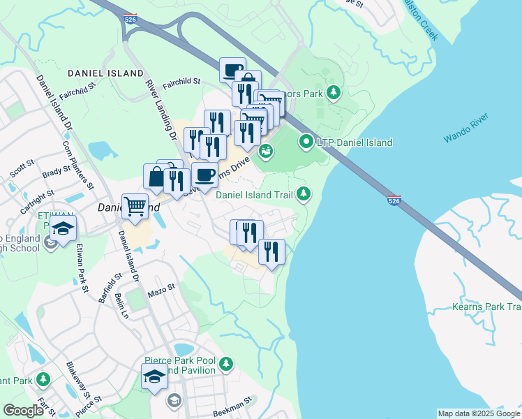 map of restaurants, bars, coffee shops, grocery stores, and more near 130 River Landing Drive in Charleston