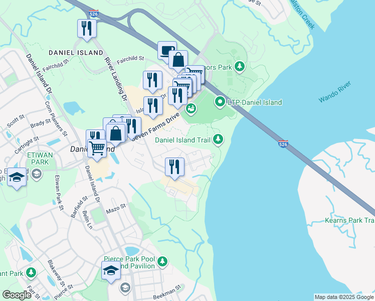 map of restaurants, bars, coffee shops, grocery stores, and more near 130 River Landing Drive in Charleston