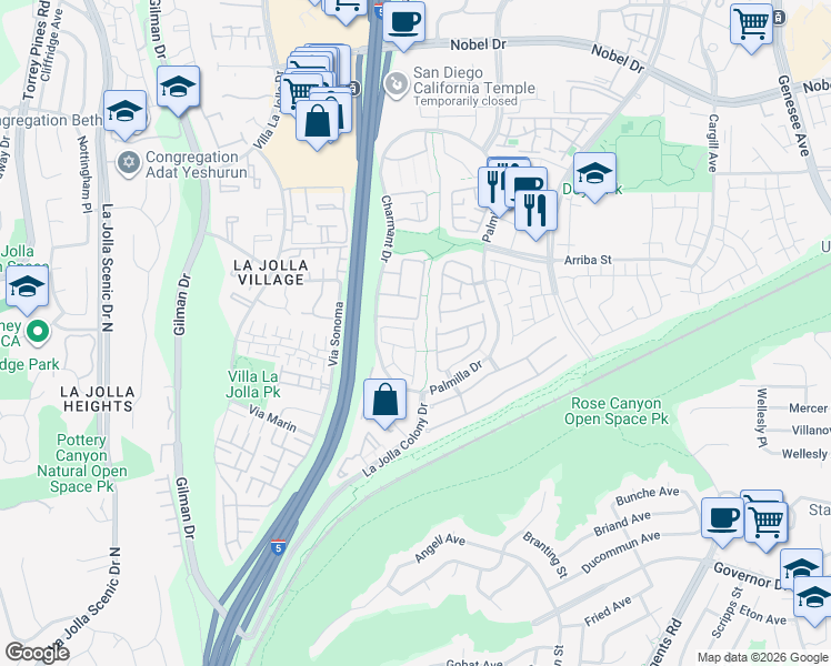 map of restaurants, bars, coffee shops, grocery stores, and more near 7245 Caminito Pantoja in San Diego
