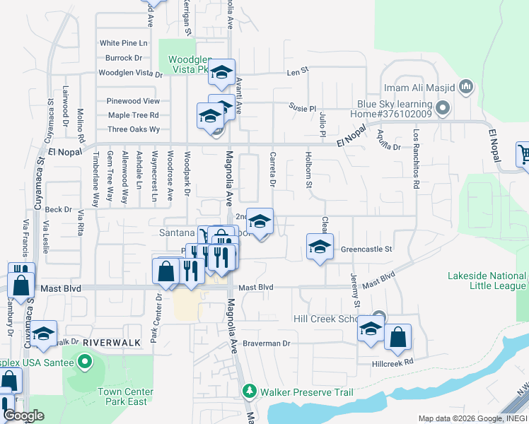 map of restaurants, bars, coffee shops, grocery stores, and more near 10602 2nd Street in Santee