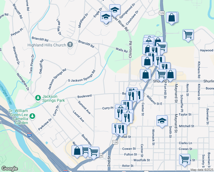 map of restaurants, bars, coffee shops, grocery stores, and more near 1135 Briarcliff Road in Macon