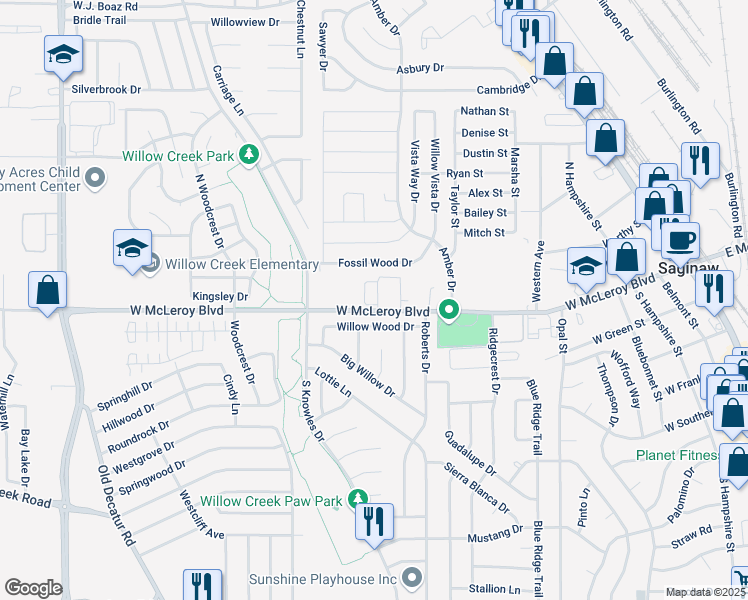 map of restaurants, bars, coffee shops, grocery stores, and more near 824 West McLeroy Boulevard in Saginaw
