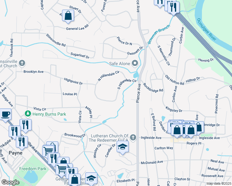 map of restaurants, bars, coffee shops, grocery stores, and more near 2783 South Hillandale Circle in Macon