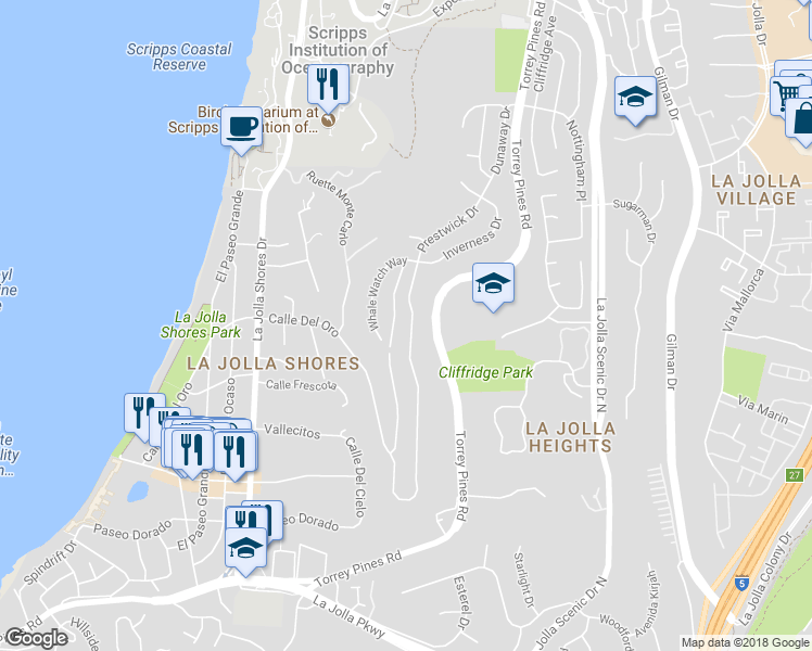 map of restaurants, bars, coffee shops, grocery stores, and more near 8390 Prestwick Drive in San Diego