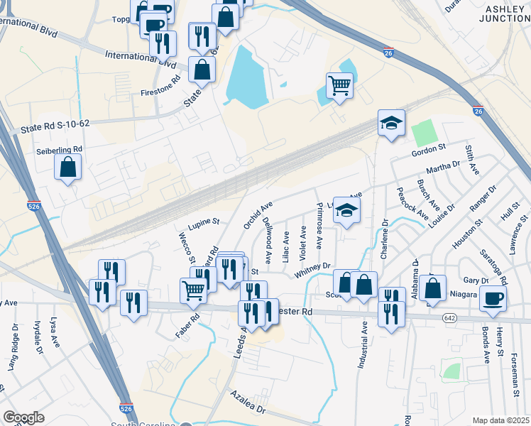map of restaurants, bars, coffee shops, grocery stores, and more near 2651 Dellwood Avenue in North Charleston