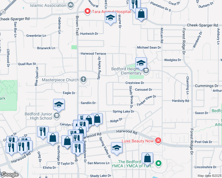 map of restaurants, bars, coffee shops, grocery stores, and more near 3313 Timber Grove Dr in Bedford