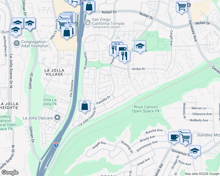 map of restaurants, bars, coffee shops, grocery stores, and more near 4143 Caminito Davila in San Diego
