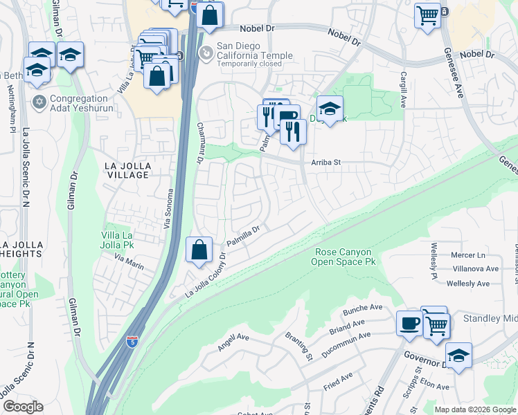 map of restaurants, bars, coffee shops, grocery stores, and more near 4143 Caminito Davila in San Diego